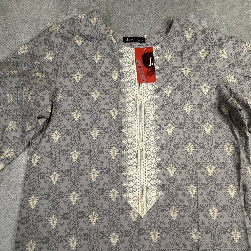 NWT J. Junaid Jamshed Women Grey Cotton Embroidered Kurta Tunic‎ Small - Picture 2 of 16